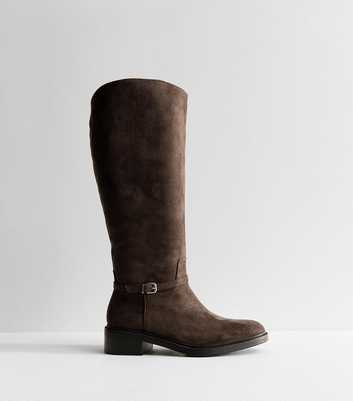 Dark Brown Faux Suede Buckle Trim Riding Boots