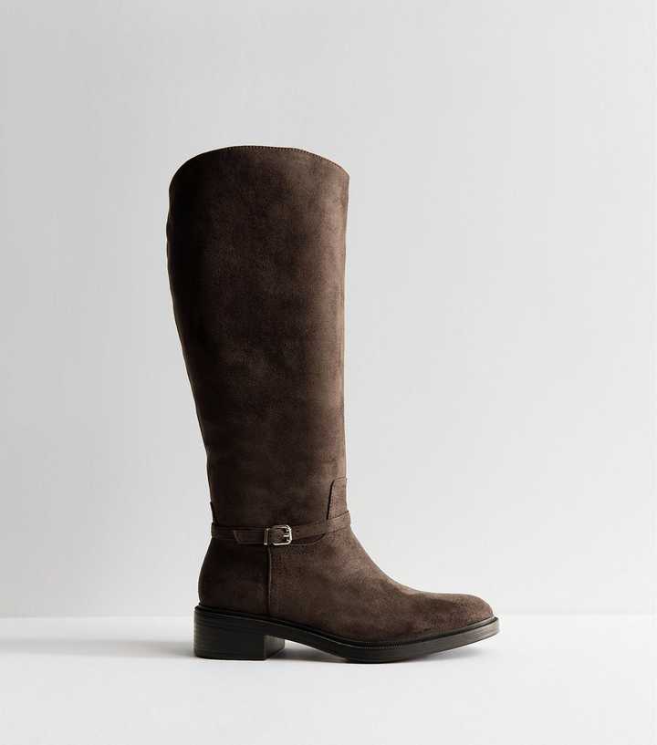 Dark Brown Faux Suede Buckle Trim Riding Knee High Boots