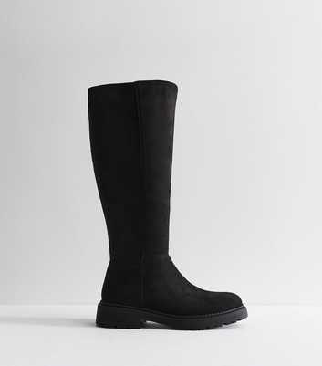 Black Faux Suede Stretch Calf Knee High Boots