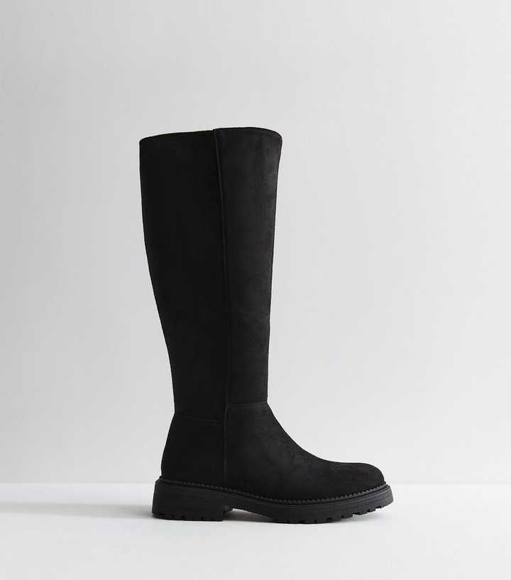 Black Faux Suede Stretch Calf Knee High Boots