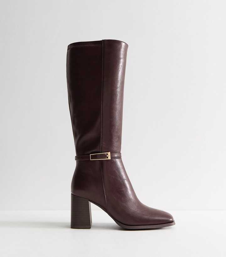 Wide Fit Dark Burgundy Faux Leather Square Toe Block Heel Knee High Boots