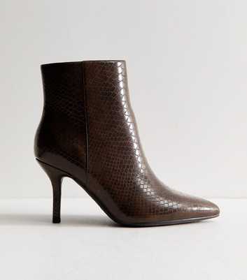 Wide Fit Dark Brown Faux Leather Snakeskin Effect Stiletto Ankle Boots