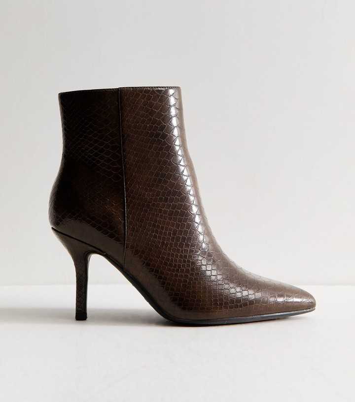 Wide Fit Dark Brown Faux Leather Snakeskin Effect Stiletto Ankle Boots