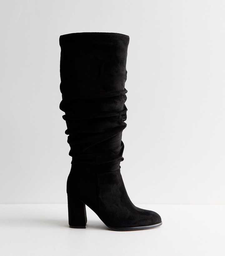 Wide Fit Black Faux Suede Ruched Block Heel Boots