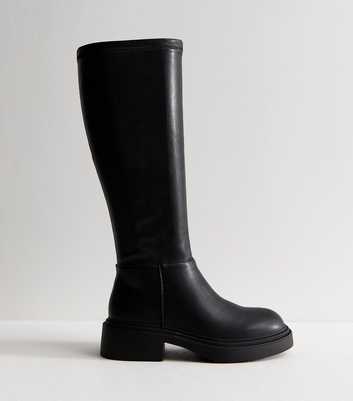 Wide Fit Black Faux Leather Chunky Knee High Boots
