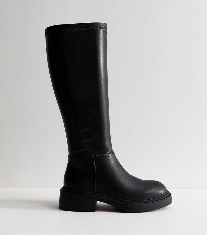Wide Fit Black Faux Leather Chunky Knee High Boots