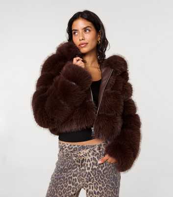 Pink Vanilla Dark Brown Faux Fur Pelted Hooded Jacket