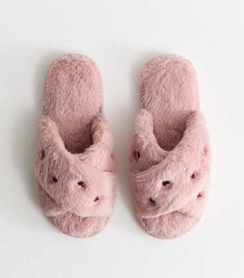 Light Pink Fluffy Embroidered Heart Slide Slippers