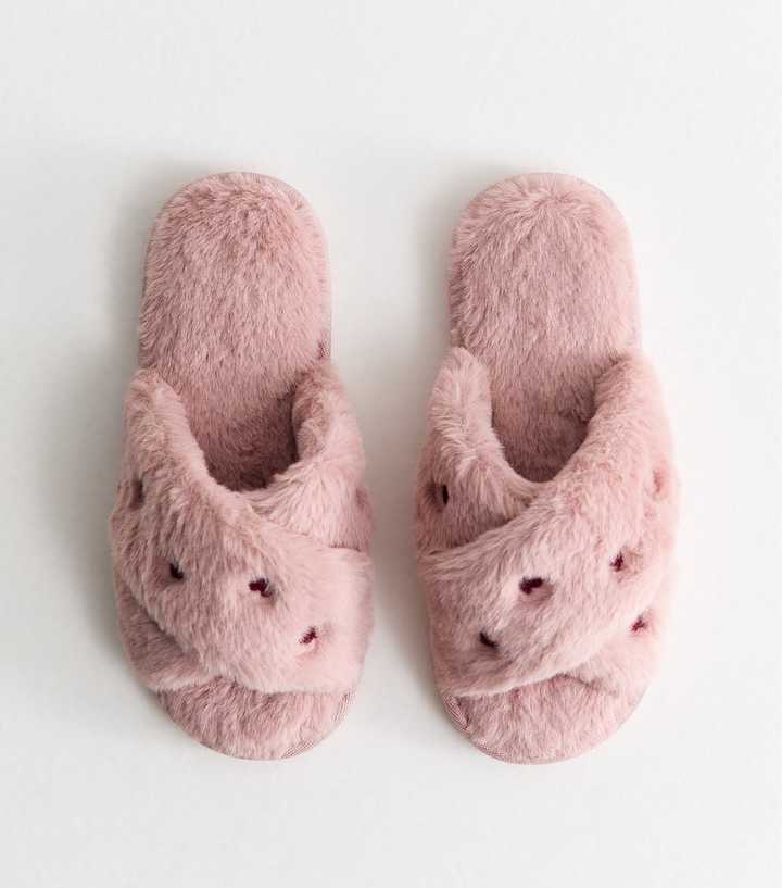 Light Pink Fluffy Embroidered Heart Slide Slippers