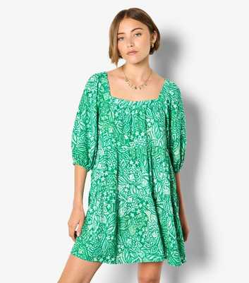 Apricot Green Floral Print Tiered Dress