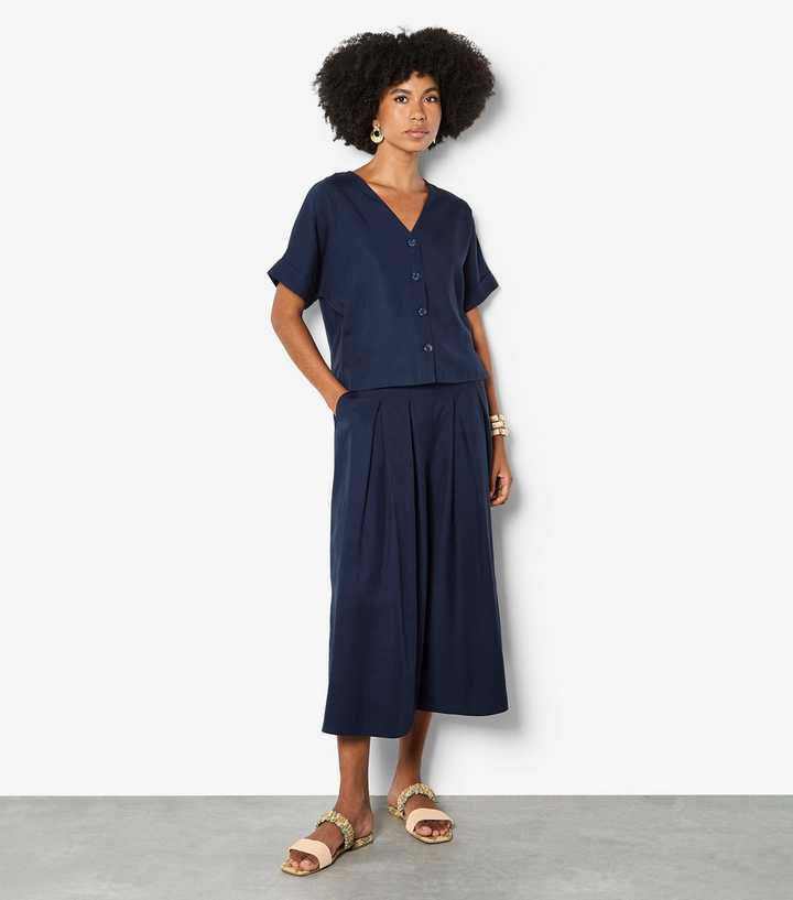 Apricot Navy Wide Leg Pleated Trousers
