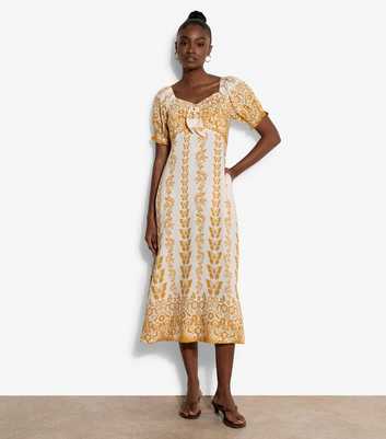 Apricot Yellow Butterfly Print Tie Front Midi Dress