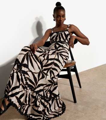 Apricot Stone Leaf Print Square Neck Maxi Dress
