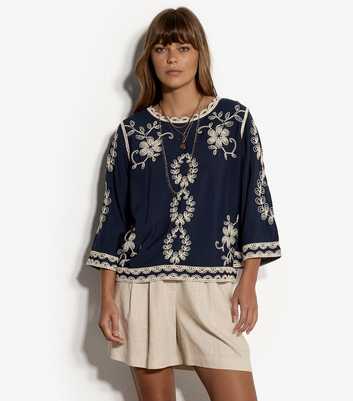 Apricot Navy Embroidered Bell Sleeve Top