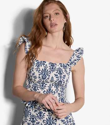 Apricot Blue Cotton Floral Shirred Cami Top