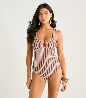 Gini London Brown Striped U-Ring Swimsuit