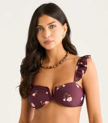 Gini London Brown Floral Print Ruffle Strap Bikini Top
