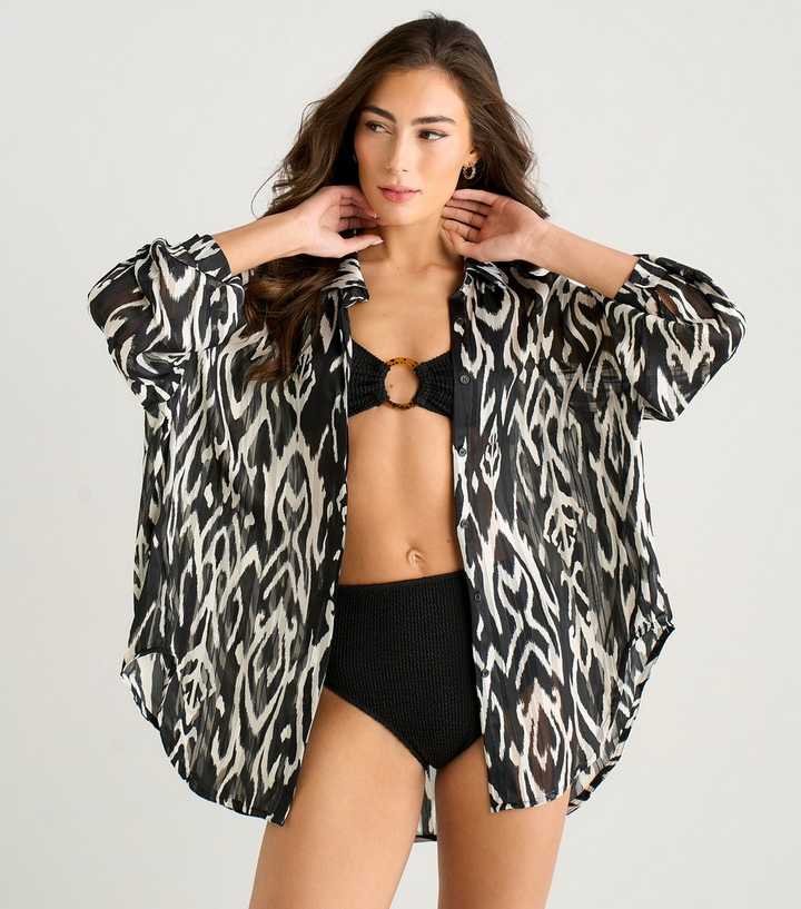 Gini London Black Abstract Print Beach Shirt