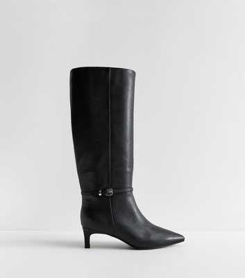Black Buckle Faux Leather Heeled Knee High Boots