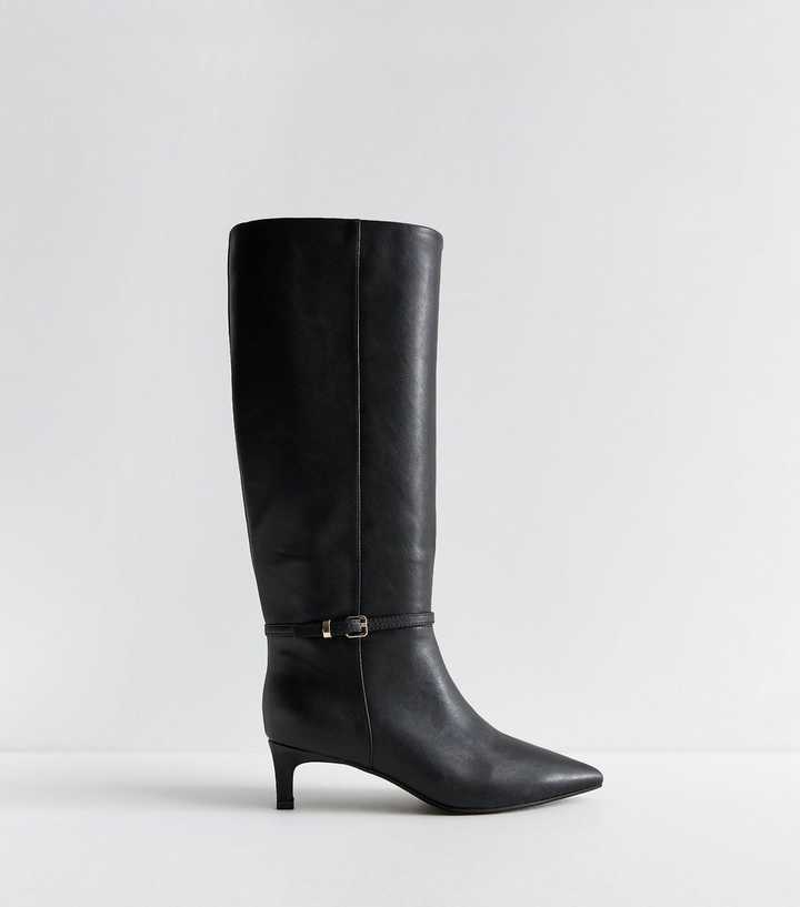 Black Buckle Faux Leather Heeled Knee High Boots