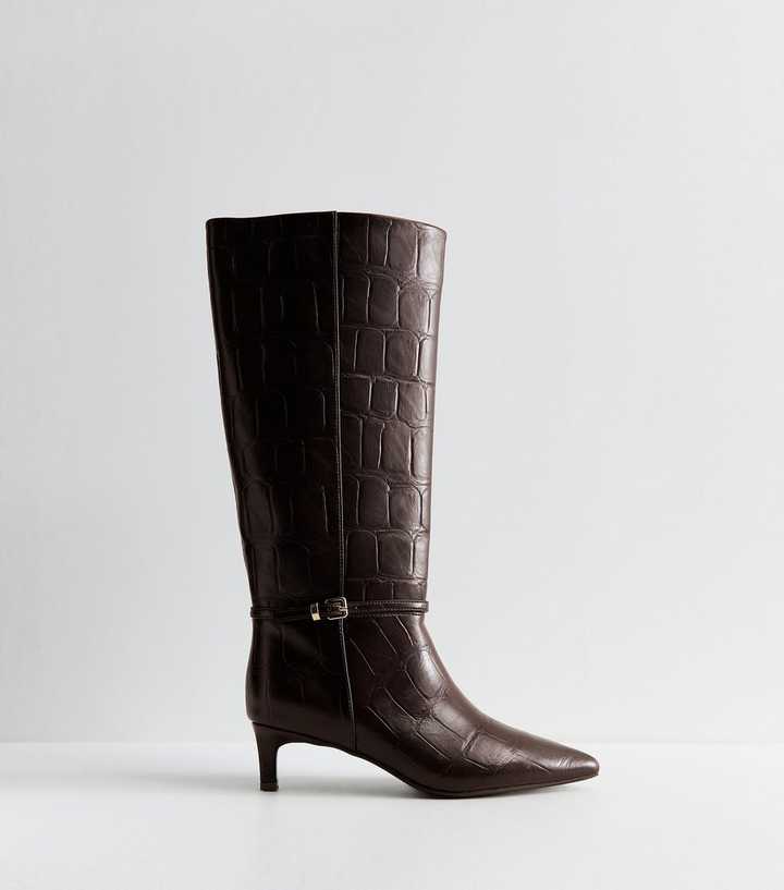Dark Brown Faux Leather Crocodile Embossed Pull On Boots