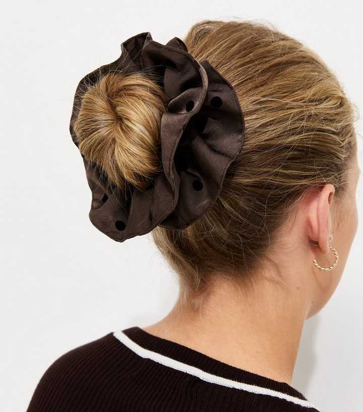 Brown Satin Polka Dot Ruffle Scrunchie