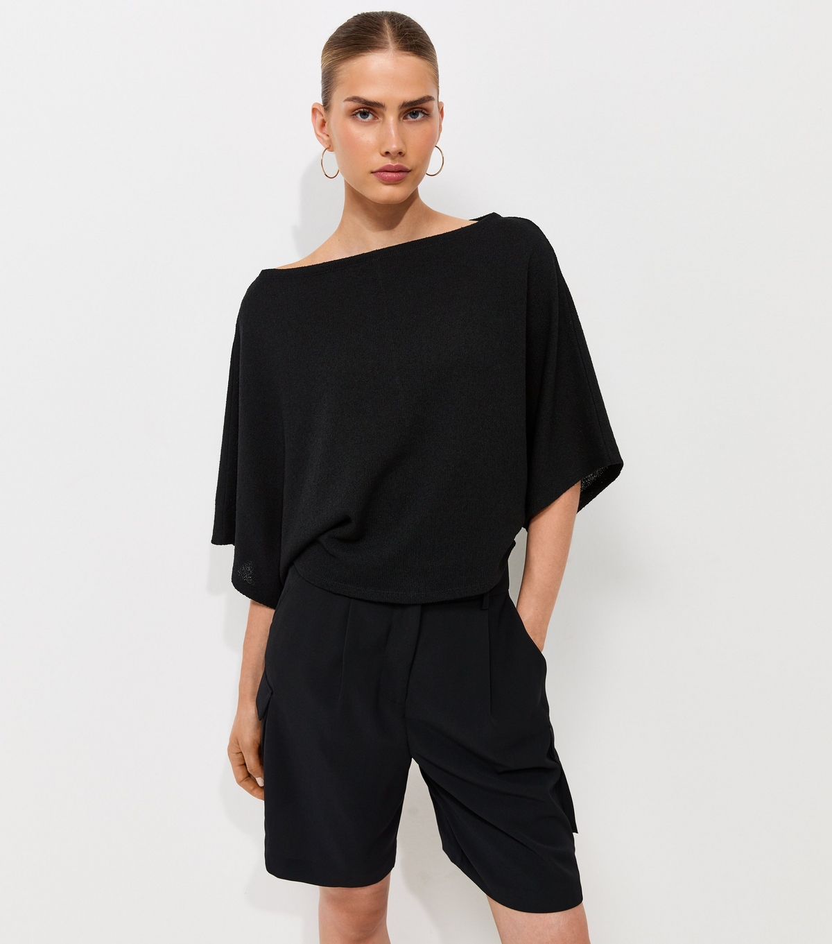 Women's Black Slash Neck Textured Batwing Top New Look
