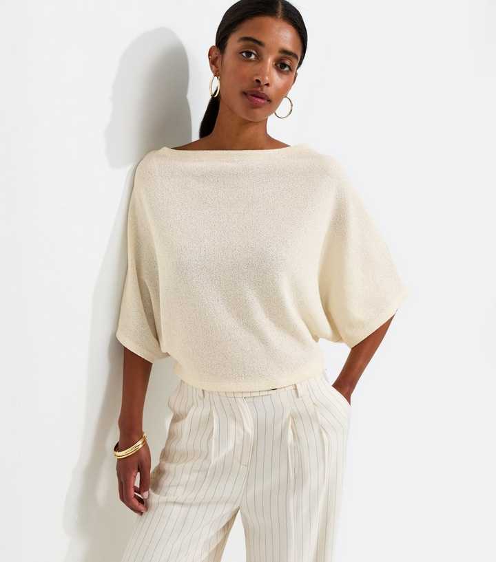 Off White Slash Neck Textured Batwing Top