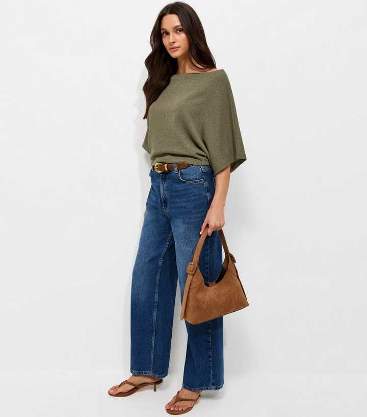 Light Khaki Slash Neck Textured Batwing Top