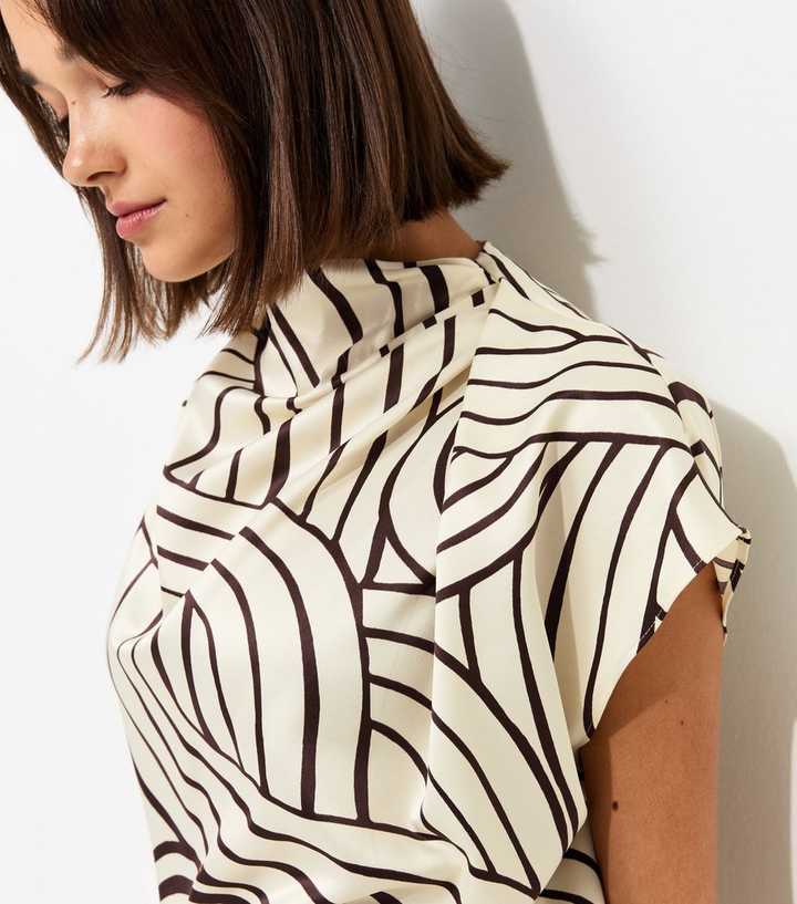 Cream Swirl Print Cowl High Neck Blouse