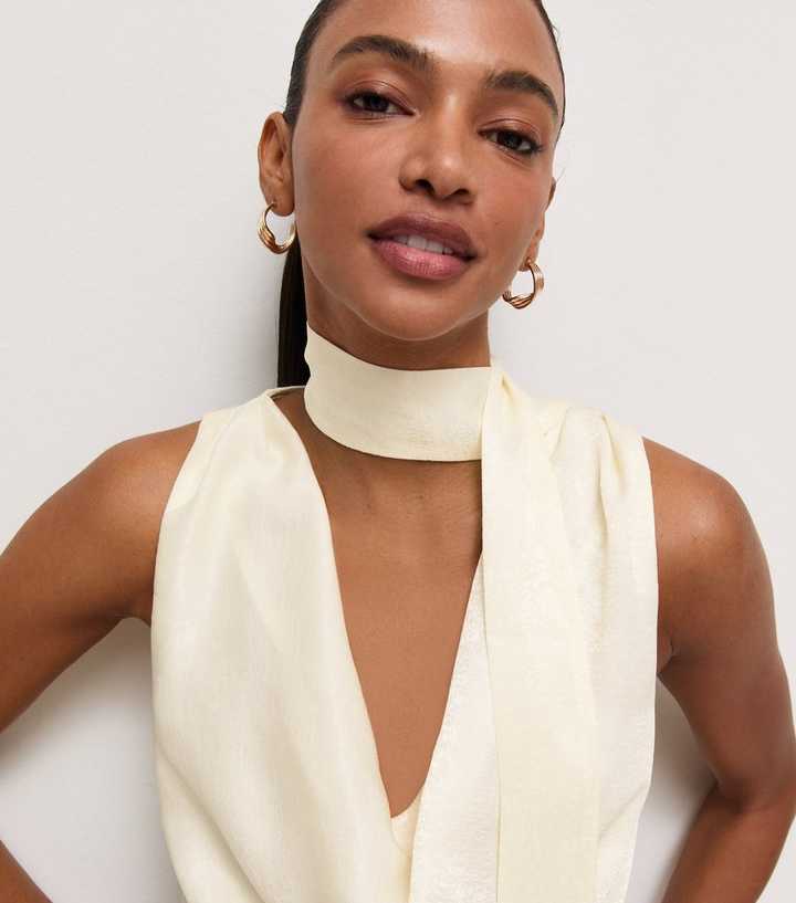 Cream Cowl Neck Tie Sleeveless Top