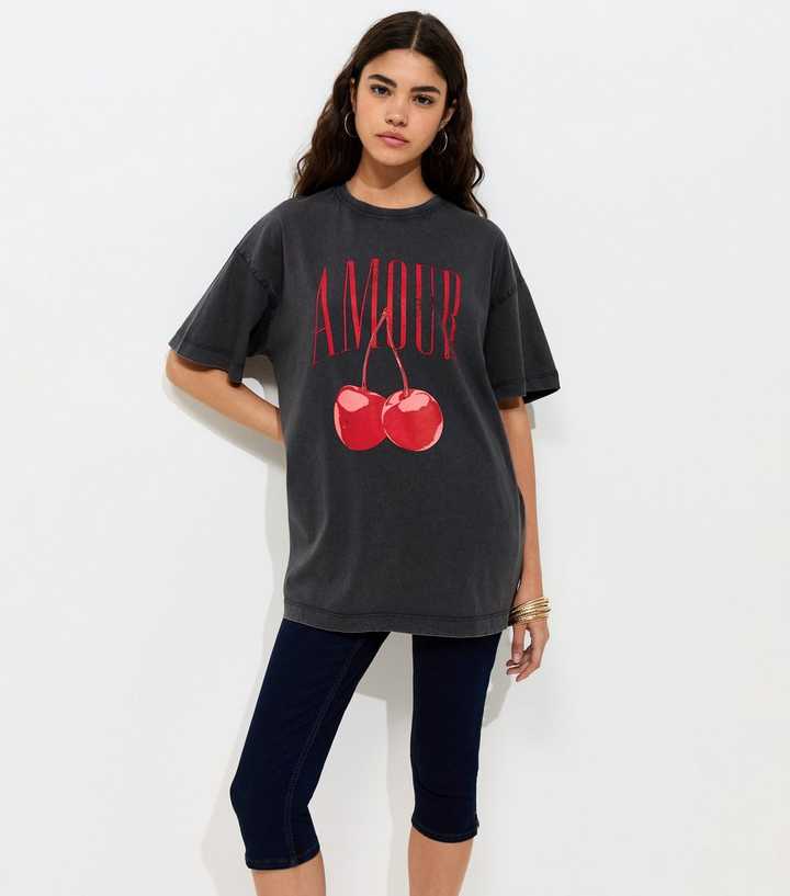 Dark Grey Cotton Amour Cherry Print Acid Wash Oversized T-Shirt