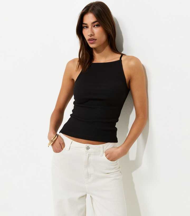 Black Cotton Rich Ribbed Jersey Vest Top