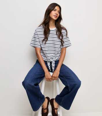 Blue Cotton Horizontal Stripe Tie Front T-Shirt