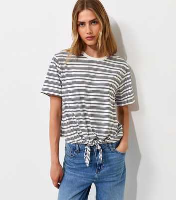 Blue Cotton Horizontal Stripe Tie Front T-Shirt
