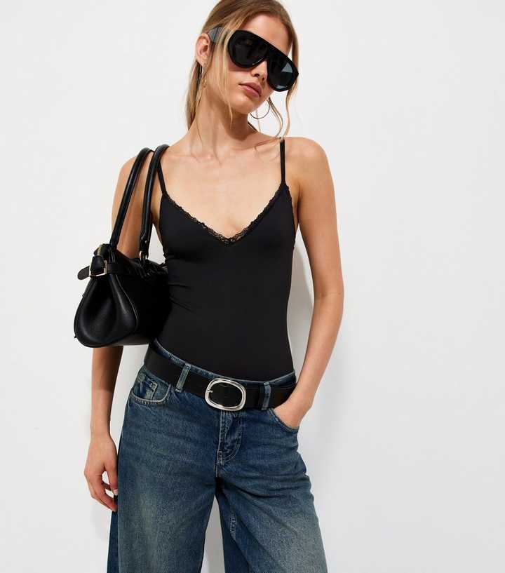 Black Jersey Lace Trim V-Neck Bodysuit