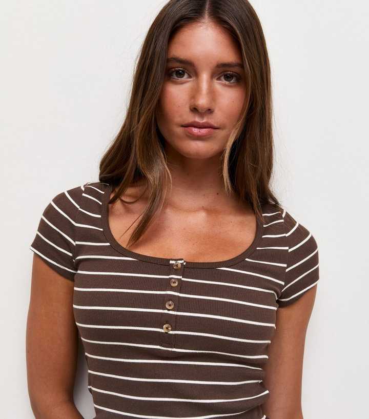Brown Cotton Rich Striped Short Sleeve Henley T-Shirt