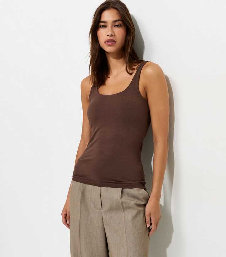 Dark Brown Cotton Rich Square Neck Vest Top