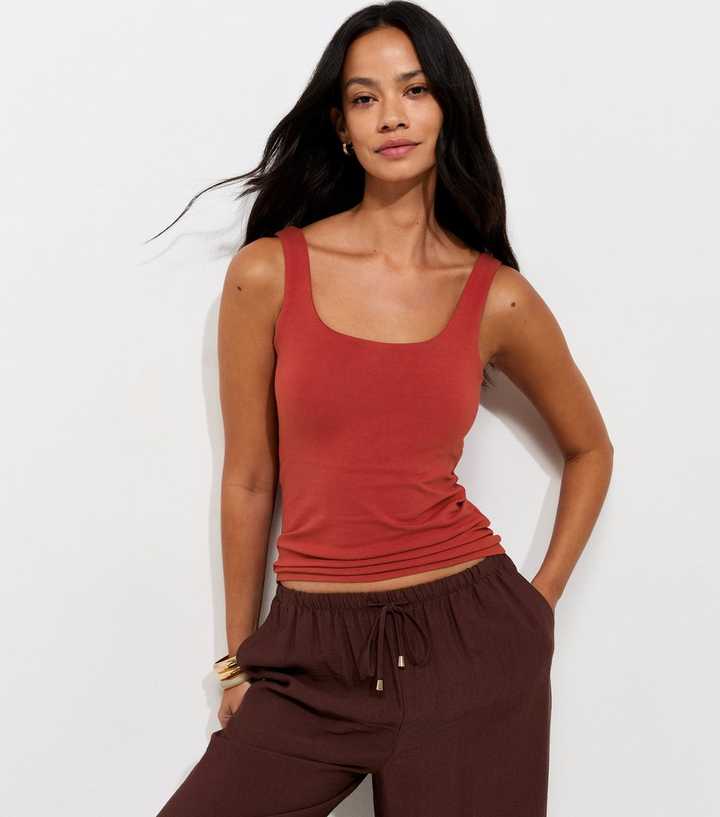 Dark Red Cotton Rich Square Neck Vest Top