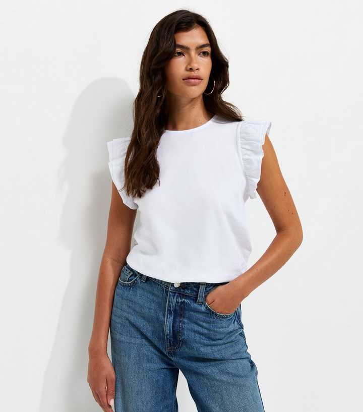 White Cotton Frill Sleeve Top