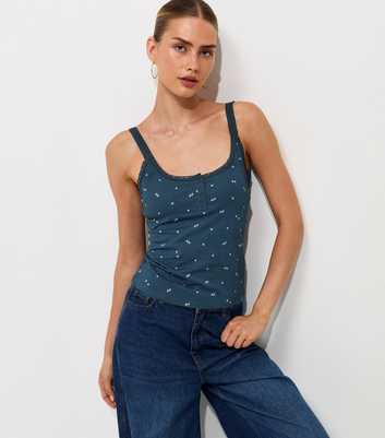 Blue Floral Cotton Rich Floral Lace Trim Henley Tank Top