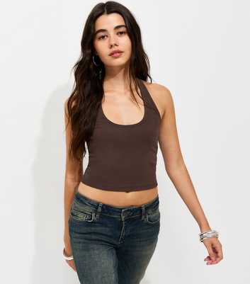 Dark Brown Cotton Rich Scoop Halter Neck Top