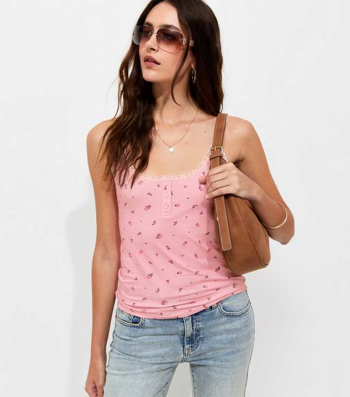 Pink Cotton Rich Floral Lace Trim Henley Cami Top