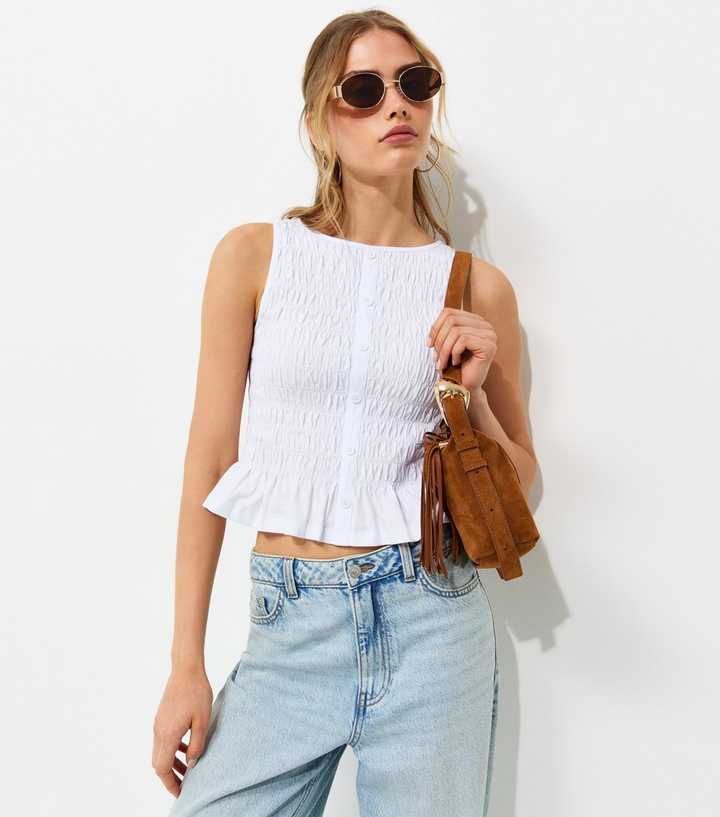 White Cotton Faux Button Shirred Flared Hem Top