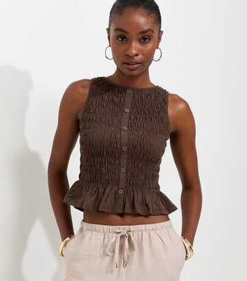 Dark Brown Cotton Faux Button Shirred Flared Hem Top