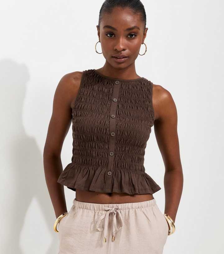 Dark Brown Cotton Faux Button Shirred Flared Hem Top