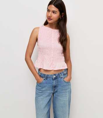 Light Pink Cotton Faux Button Shirred Flared Hem Top