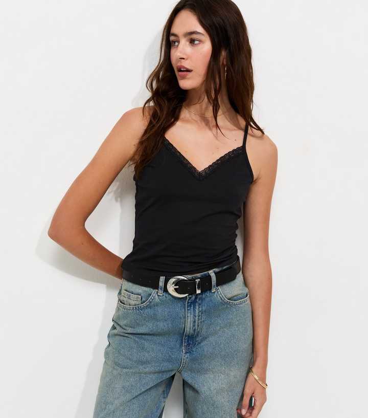 Black Lace Trim V-Neck Cami Top