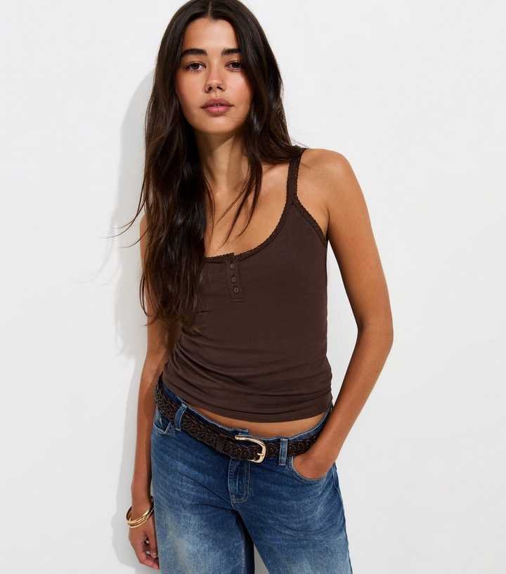 Dark Brown Cotton Rich Lace Trim Henley Cami Top