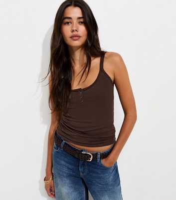 Dark Brown Cotton Rich Lace Trim Henley Cami Top